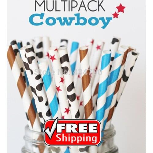 200pcs Mixed 4 Designs COWBOY Kids Paper Straws, Blue, Brown, Cow, Western, Star and Striped,Party Supplies Decorations