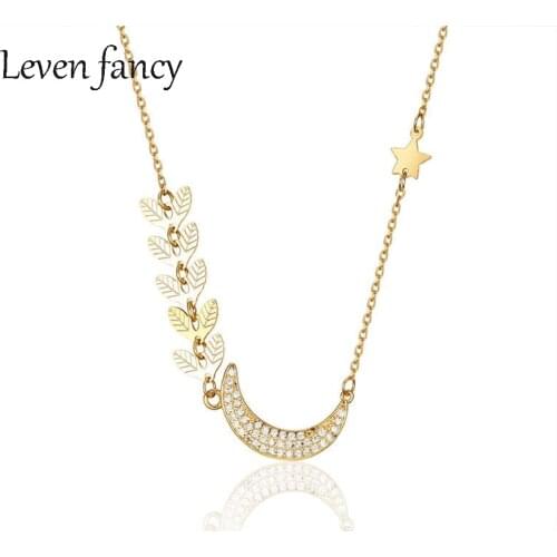 925 Sterling Silver Star Necklaces Women Girls 18K Gold Crescent Pendant Zircon Necklace Tree Leaf Sideway Moon Jewelry Gift