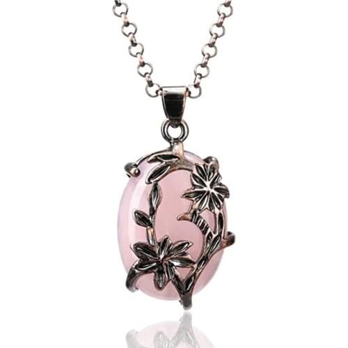 Antique Copper Leaf Flower Wrap Oval Shape Rose Pink Quartz Pendant Link Chain Necklace Black Agates Jewelry