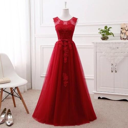 Beauty-Emily Long O Neck Evening Dresses Elegant Sleeveless Party Gowns Lace Appliques Tulle A-Line Dress For Wedding Tie Back