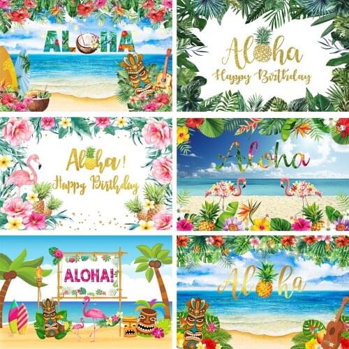 Summer Birthday Party Aloha Background Decoration Beach Flamingo Hawaii Party Sea Surf Tropical Photography Backdrop Photostudio