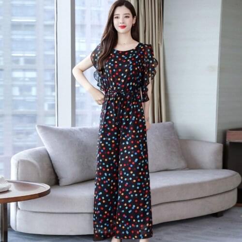 High Waist Jumpsuit Women Summer Thin Comfortable Jumpsuit Elegant Round Neck Wide Leg Pants Ankle Pants Female Chiffon Jumpsuit