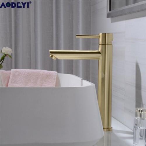 AODEYI Brass Bathroom Basin Sink Mixer Taps, 12.8" Height Brushed Gold or Matte Black Lavatory Mixing Faucets 12-010