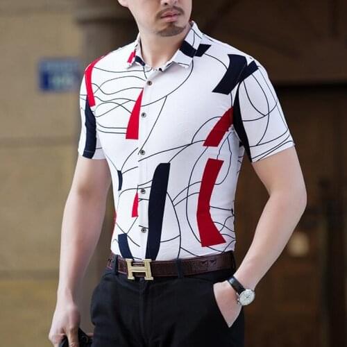 Large Size Summer Black Mens Shirt Short Sleeve Casual Slim Fit Shirts Print Man Dress Tuxedo Night Club Camisa Social Masculina