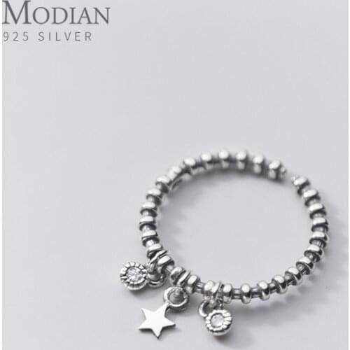 Modian New Vintage 925 Sterling Silver Twinkling Zircon Sweet Cute Star Open Adjustable Finger Ring for Women Party Fine Jewelry