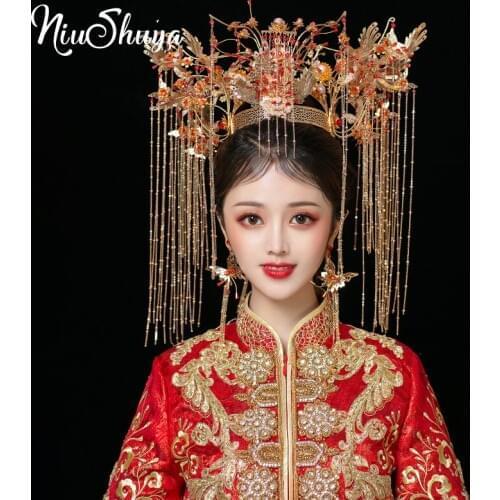 NiuShuya Gorgeous Chinese Classic Oversize Hairwear Phoenix Coronet Long Tassel Stage Show Queen Wedding Hair Accessories
