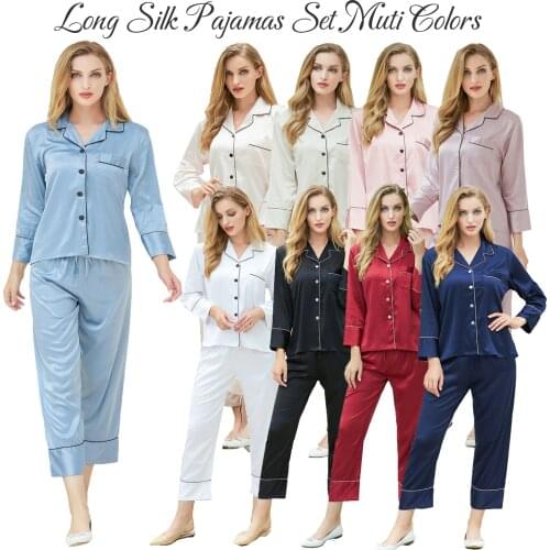 Pyjamas Set 2 Pieces Faux Silk Satin Pajamas Set Autumn Women Sleepwear Long Sleeve Pajamas Suit Ladies Pyjamas Sets