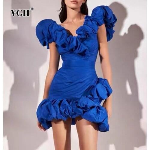 VGH White Casual Dress For Women Square Collar Sleeveless Patchwork Ruffle Irregular Hem Mini Dresses Female 2021 Summer Fashion