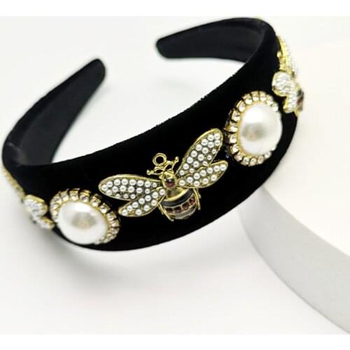 Retro Black Velvet Bee Hairband Headband for Women Girls Wide Hair Band Head Hoop on Female Flower Pearl Headwear
