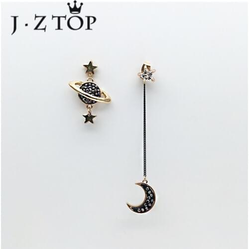 JZTOP Star Moon Stud Tassel Earrings Universe Pentacle Star Rhinestone Asymmetrical Earrings Woman Boucle D'oreille Jewelry Gift