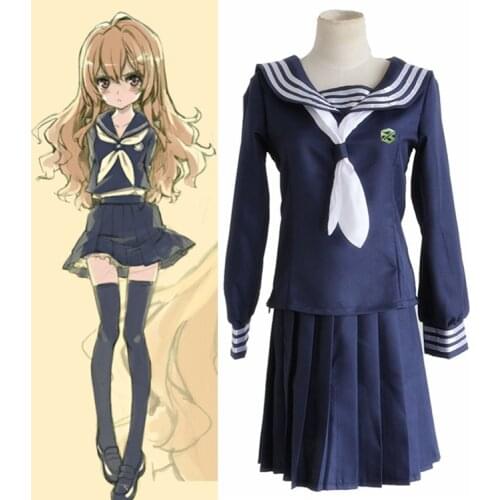Anime Toradora TIGER DRAGON School Uniform Cosplay Costume Aisaka Taiga Full Set Sailor Suit Dress ( Top + Skirt + Bow tie )