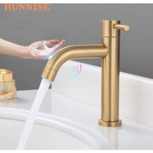 Touch Basin Faucet Brushed Gold Cold Bathroom Mixer Faucet SUS304 Stainless Steel Sensor Bath Faucet Smart Touch Basin Faucets