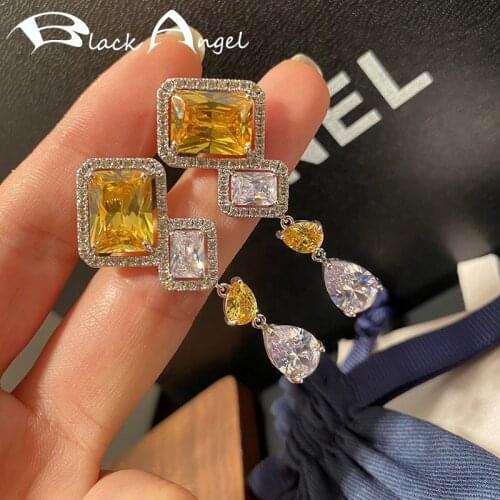 BLACK ANGEL Vintage Palace Crystal Dangle Earrings Micro Inlaid Yellow Gemstone CZ Elegant Water Drop Earrings 925 Silver Jewlry