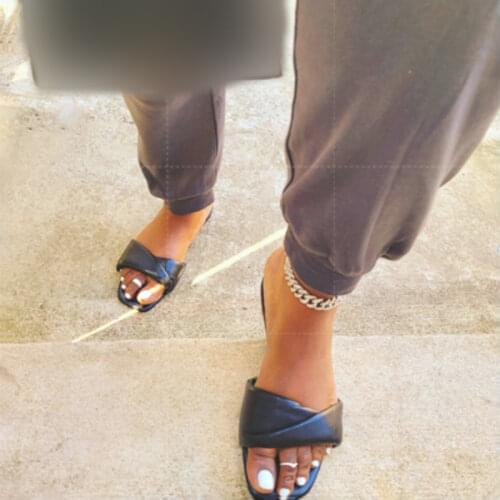 Women Pleated Square Toe Slippers 2021 Woman Solid Peep Toe Flats Summer Female PU Leather Footwear Ladies Beach Shoes Plus Size