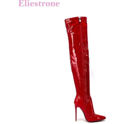 High Quality New Glamour Red Black Women Thigh High Boots Fashion 5 inch High Heels Lady Dress Shoes Plus Big Size 10 43 45 47