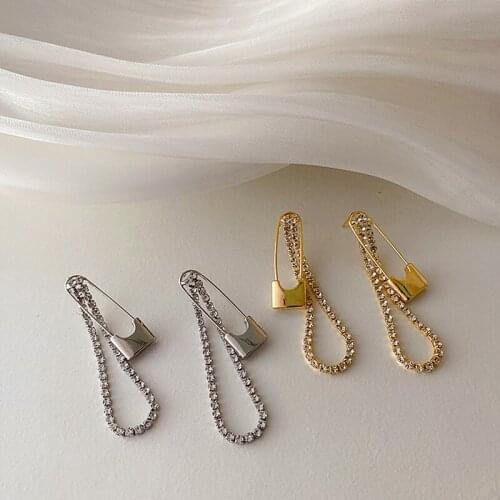 Womens Party Jewelry S925 Post Crystal Chain Gold Silver Pin Statement Earrings Ladies Night Club Blingbling Pin Earring