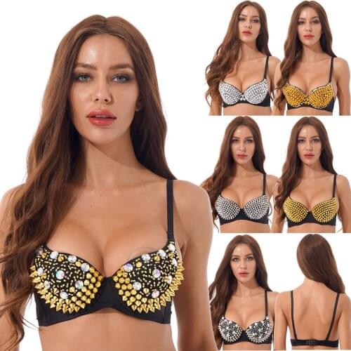 Gothic Women Rivet Rhinestone Sequin Beaded Push-Up Bra Stage Show Costume Shiny Adjustable Straps Dance Brassiere Tops