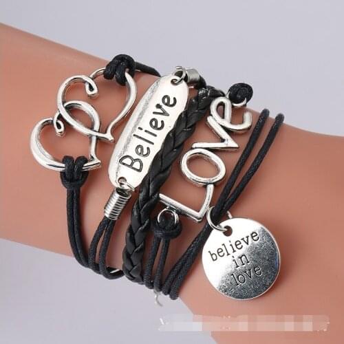 Gnova New Fashion Classic Women Leather Black Cord Anchor Love Charm Paracord Bracelet For Girls Teen