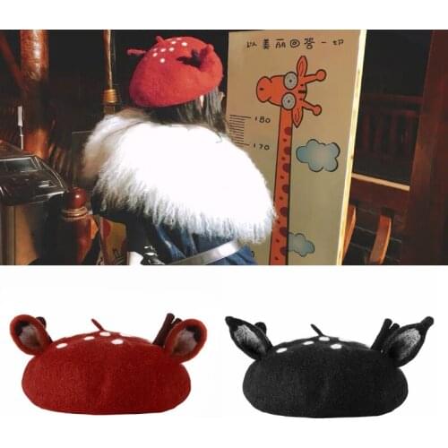 Women Christmas Beret Cap Cute 3D Reindeer Antler Ears Faux Felt Painter Hat