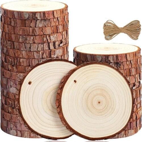 10 Pieces Disc Wood Chips and Hemp Rope for DIY Crafts Wedding Decorations Christmas Decorations