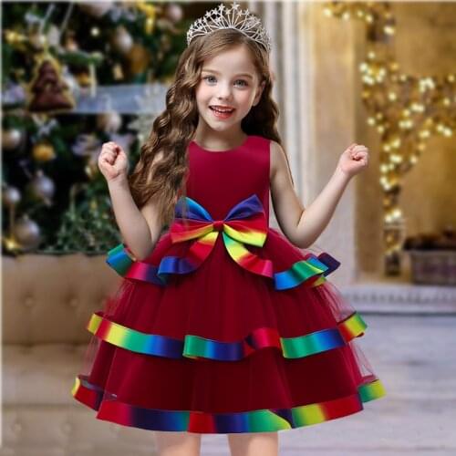 2021 Flower Birthday Vestido Kids Dresses For Girls Clothes Children Costume Colorful Stitching Princess Party Dress Girl Gown