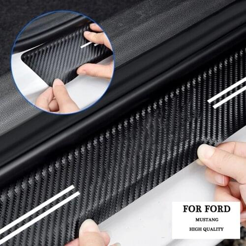 4PCS Car Welcome Pedal Strip for Ford Mustang Car Threshold Carbon Fiber Leather Strip Scratch-resistant Sticker Decoration