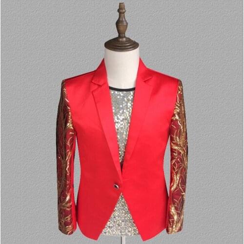 Sequins blazer men red suits designs jacket mens stage costumes for singers clothes dance star style dress punk splice masculino