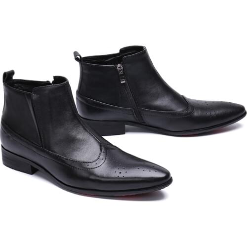 Genuine Leather zip Bullock carved ankle boots Fashion high-top falt dress shoes pointed toe Martin boots big size 46