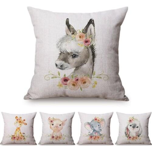 Cute Animals Watercolor Cartoon Painting Art Sofa Decoration Throw Pillow Case Giraffe Elephant Style Cotton Linen Cushion Cover