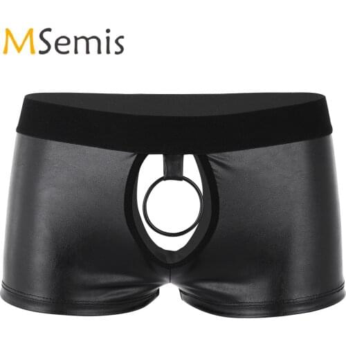 Black Mens Lingerie Underwear Soft Faux Leather Cut Out Low Rise Boxer Briefs with Ball Lifter Metal O-ring