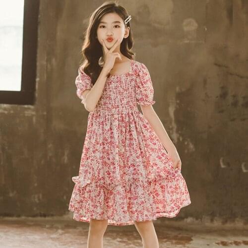 4 To 15 Years Kids Clothes 2021 New Summer Girls Cute Dresses Flroal Pattern Baby Princess Dress Children Clothes Elastic Chest