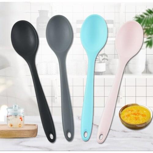 Food Grade Silicone Long-Handled Soup Spoon Tableware Solid Color Spoon Kitchen Silicone Spoon Flatware Utensils Accessories