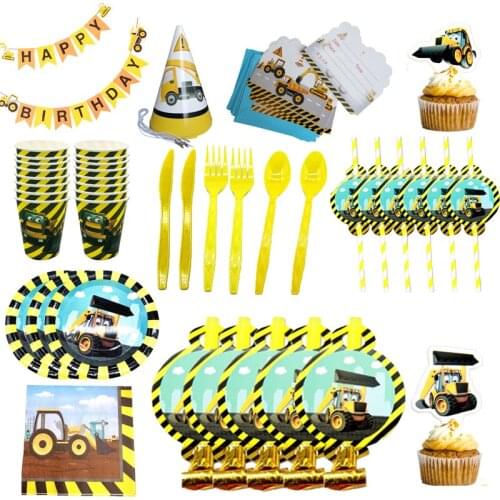 Excavator Cartoon Theme Boy Disposable Tableware Set Paper Cups Plates Napkin Baby Shower Birthday Party Decorations Kids