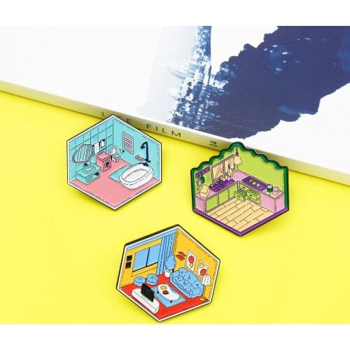 Warm home indoor display Enamel Brooch Master bedroom Study living room Shower Room kitchen hexagon Lapel Pin design Badge