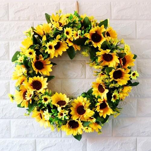 Artificial Sunflower Summer Wreath 17 Inchs Decorative Fake Flowers Garlands Green Leaves For Front Door Decoration T355