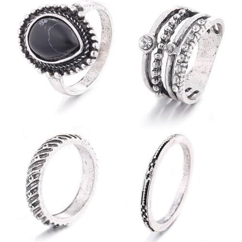 Lureme Vintage Retro Black Stone Crystal Joint Knuckle Nail Ring Set of 4pcs for Women Waterdrop Rings (rg001821)