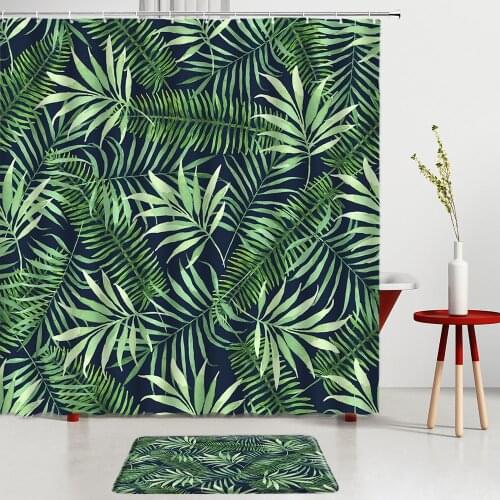 Tropical Plants Shower Curtains Set Palm Leaf Bath Mats Entrance Door Mat Room Decoration Rugs Bathroom Screen Non-Slip Carpet