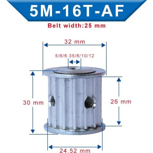 5M-16T Pulley Inner Bore 5/6/6.35/7/8/10/12 mm Aluminum pulley wheel Slot Width 26 mm Fit For Width 25 mm 5M-rubber timing belt