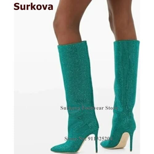 Surkova Bling Bling Turquoise Crystal Knee Boots Women Stiletto Heel Pointed Toe Long Boots Fall Winter Glitter Rhinestone Shoes