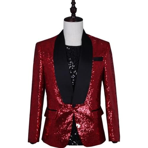 Full Wine Red Sequins Male Nightclub Dance or Dj Stage Costumes Mens Shining Slim Fit Party Blazer Man Fashion Casual Suits