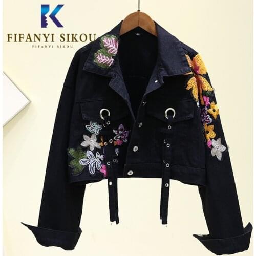 2020 Spring Women Fashion Denim Jacket Short Coat Floral Embroidery Sequins Jeans Coat Loose Long sleeve Jeans Jacket Female