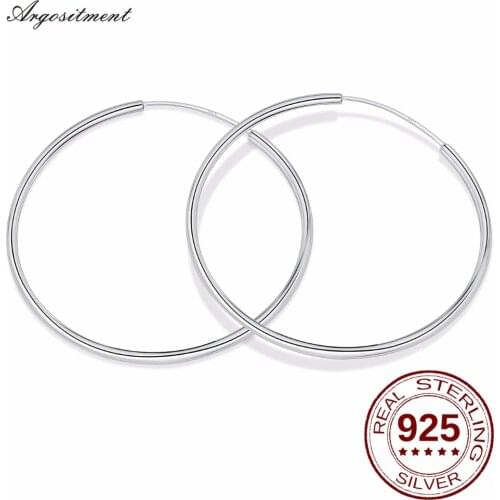 Sterling Silver Earrings 925 Silver Women Fashion Jewelry Smooth Round Circle Earrings Hoop 3 Size 40mm 50mm 60mm