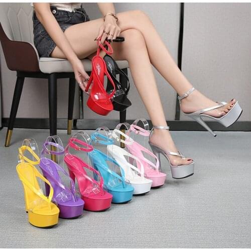 Walking Show Women Sandals Stripper Heels Women Ankle Strap High Heels Sexy Patent Leathe Flip Flops Ladies Party Prom Shoe