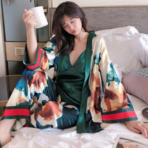 Woman Pyjamas Suit Silky Satin 3PCS Japan Kimono Set Sexy Bathrobe Nightwear Homewear Women Sleep Lingerie Pyjamas Loungewear