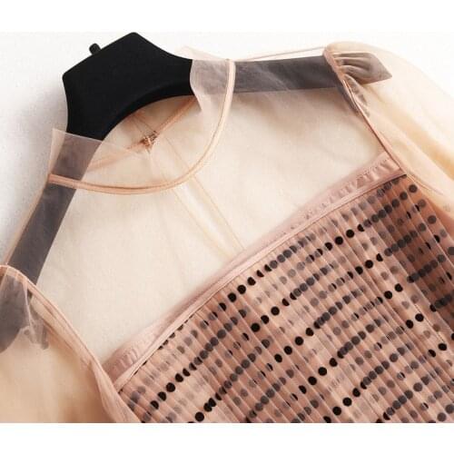 Women Runway Dots 2021 Spring Autumn Lantern Sleeve See-through Belt Mesh Party Long Pleated Dress Vestidos