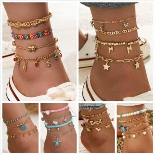 10sets/lot Bohemia Multilayer Beads Anklet Set tortoise Stone Butterfly Ankle for Women Summer Beach Foot Jewelry Chain Anklets