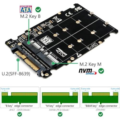 M.2 SSD to U.2 Adapter 2in1 M.2 NVMe and SATA-Bus NGFF SSD to PCI-e U.2 SFF-8639 Adapter PCIe M2 Converter for Desktop Computers