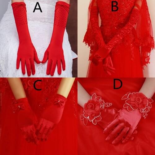 HONGFUYU Satin Red Bridal Gloves For Women Finger Wedding Party Gloves For Bride Short/Long Wedding Accessories