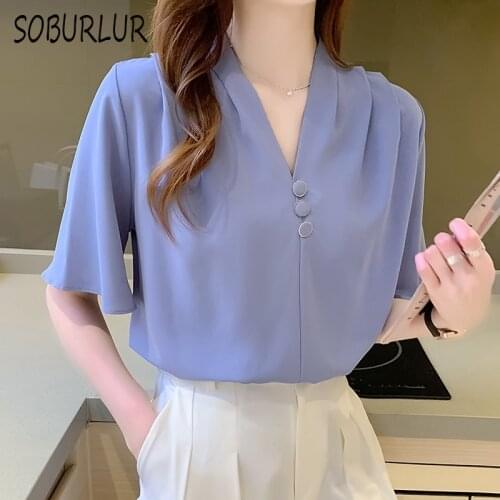 Chiffon Blouses Women Summer New Short Sleeve V-neck Shirts Office Lady White Tops Loose Womens Blouse Solid Female Blusas