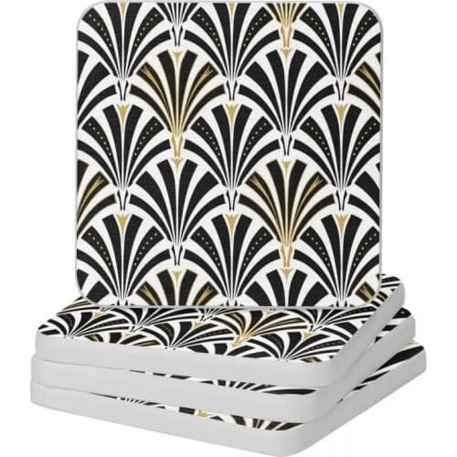 Art Deco Fan Pattern Black And White Diatomite Square Round Coaster Heat Insulation Cup Bonsai Mat Soap Pad Diameter 10cm